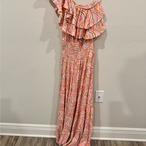 Skemo One Shoulder Pink and Orange Maxi Dress